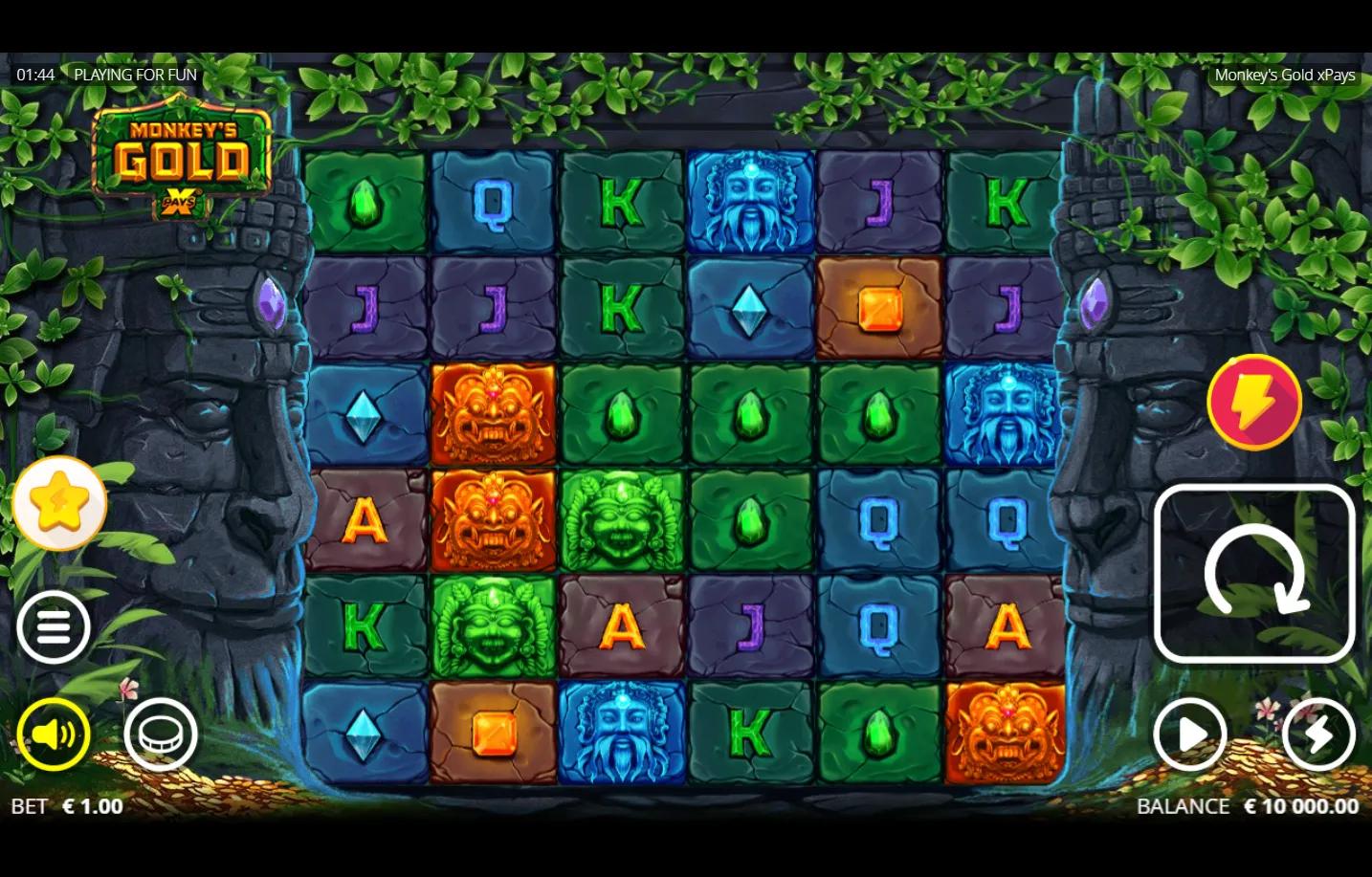 Monkey's Gold xPays Nolimit City slot 6x6 cluster pays grid with stone Mayan idol guardians flanking the reels, colored tiki