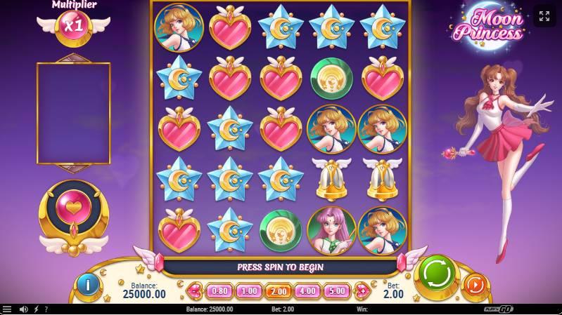 Moon Princess gameplay screenshot showing colorful grid with anime princess symbols and cascading wins