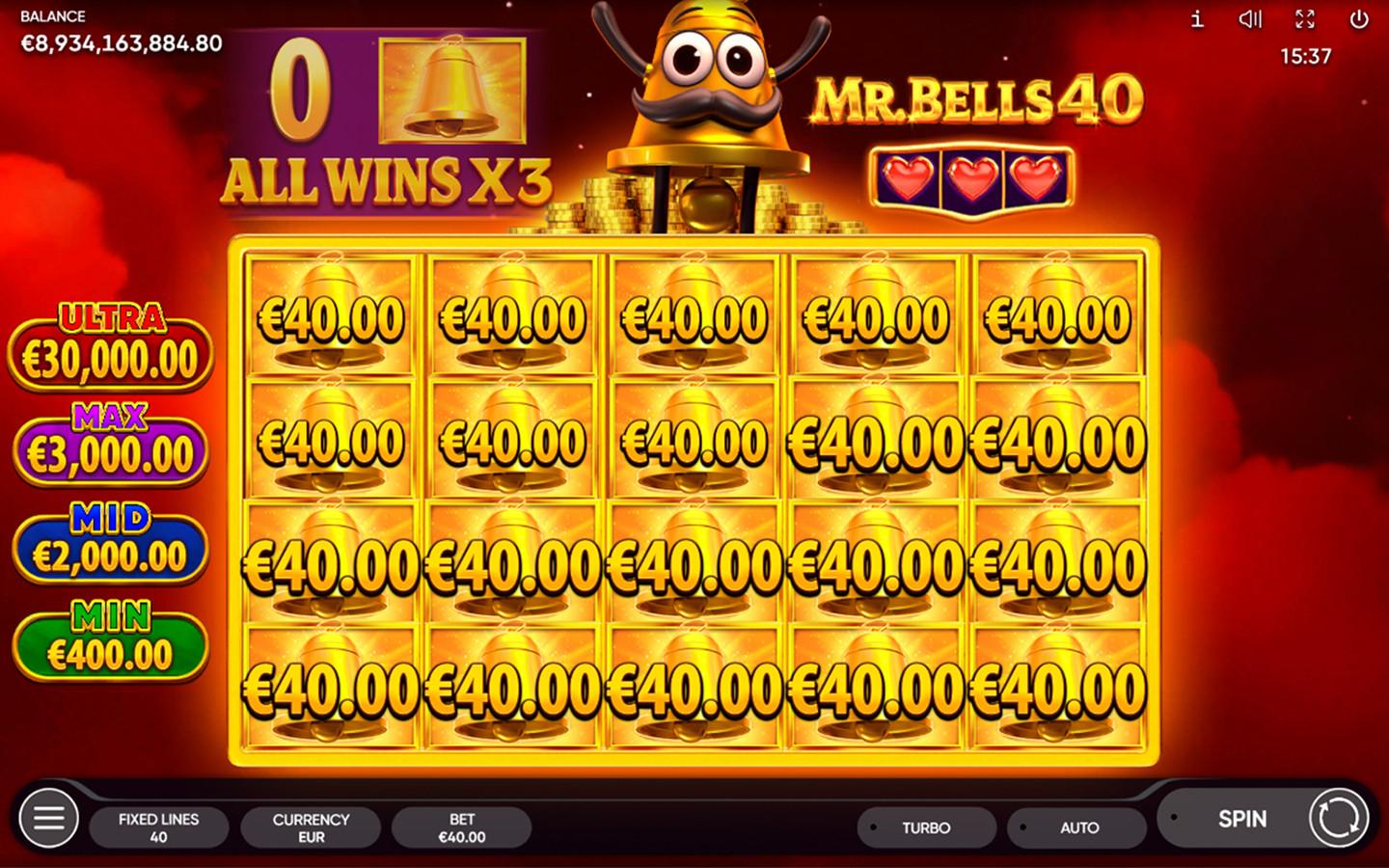 Mr. Bells 40 Bell Bonus Game with all 20 positions filled and x3 multiplier active