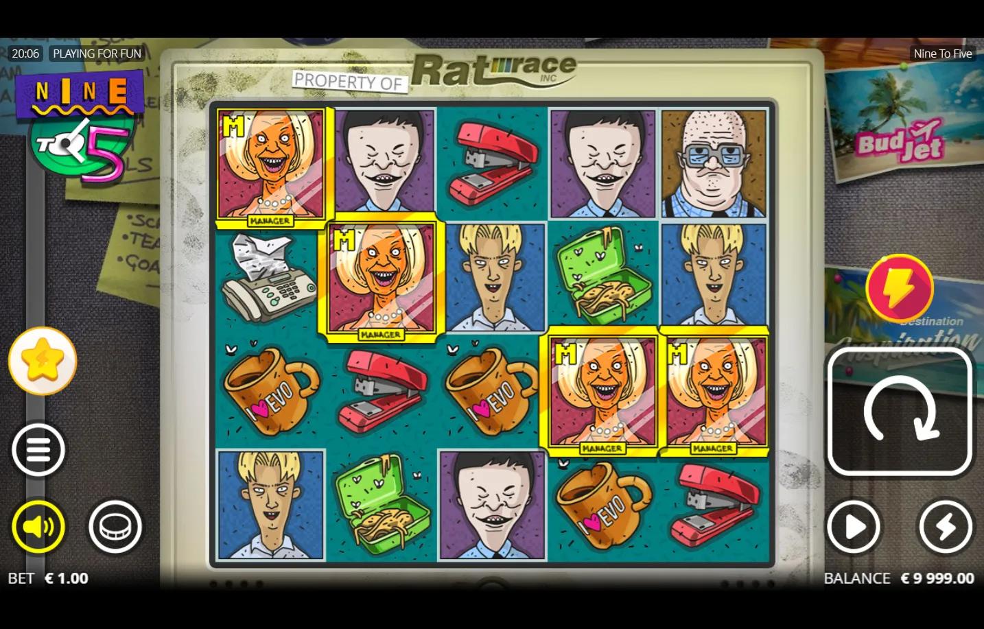 Nine to Five slot gameplay showing 5x4 grid with Rat Race header and office worker symbols highlighted in win
