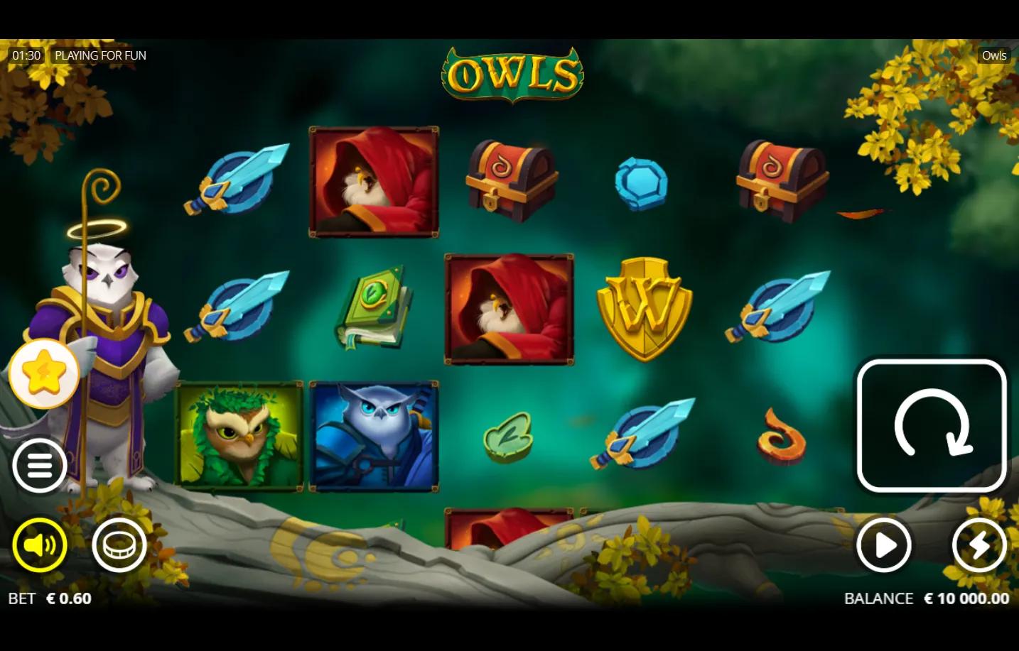 Owls Nolimit City slot 5x3 grid with Sage Owl character, Ember/Emerald/Frost owl tribes, gold Wild shield, tribe shards and c