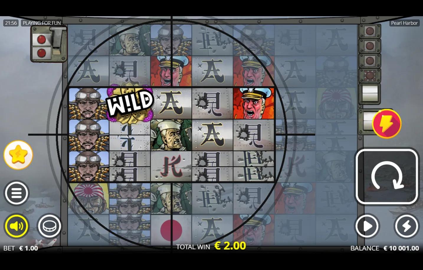 Pearl Harbor Nolimit City slot gameplay screenshot showing 7x7 cluster grid with rotating bombing-sight crosshair frame, Amer