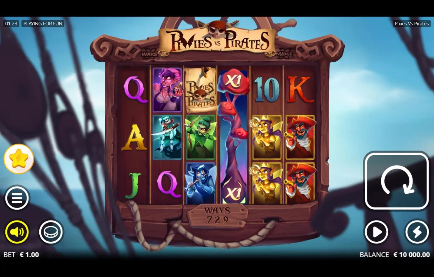 Pixies vs Pirates Nolimit City slot gameplay - 6-reel fantasy battle grid with Pixie Queen, Pirate Captain, xNudge Wild and t