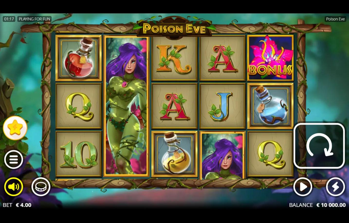Poison Eve Nolimit City slot 5x3 grid with purple-haired sorceress Eve, red and blue potion bottles, pink flower Bonus and vi