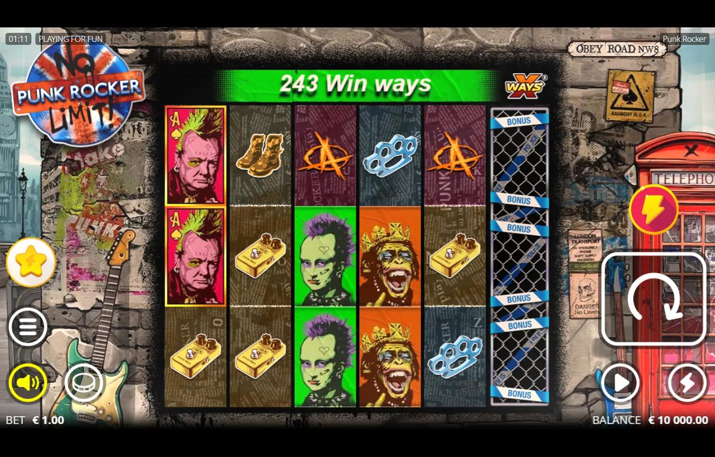 Punk Rocker Nolimit City slot gameplay showing 5-reel grid with Andy Warhol pop-art Churchill, mohawk punk characters, Anarch