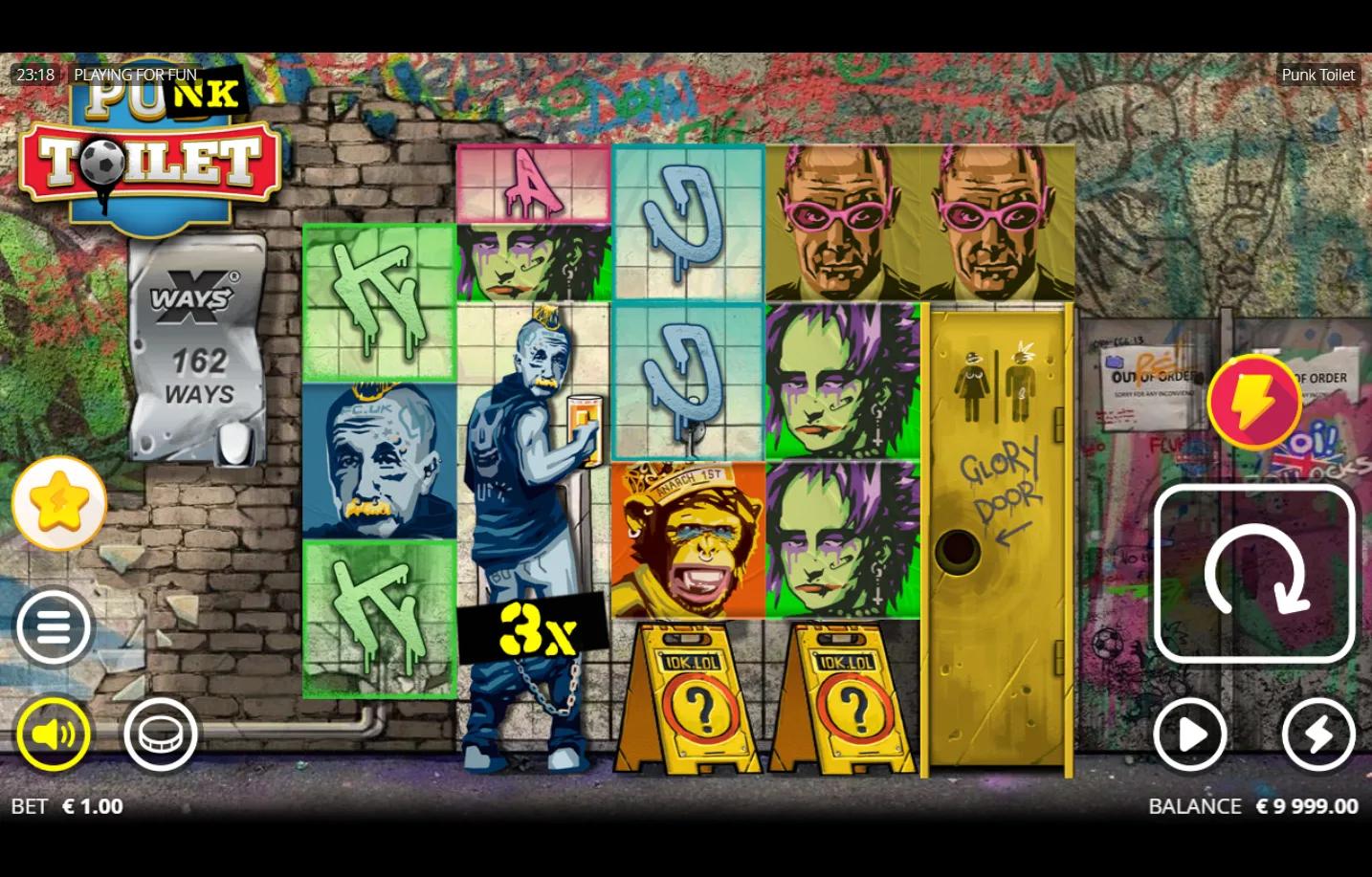 Punk Toilet slot gameplay showing 3-3-3-3-1 grid with Glory Door on reel 5 and punk character symbols against graffiti restro