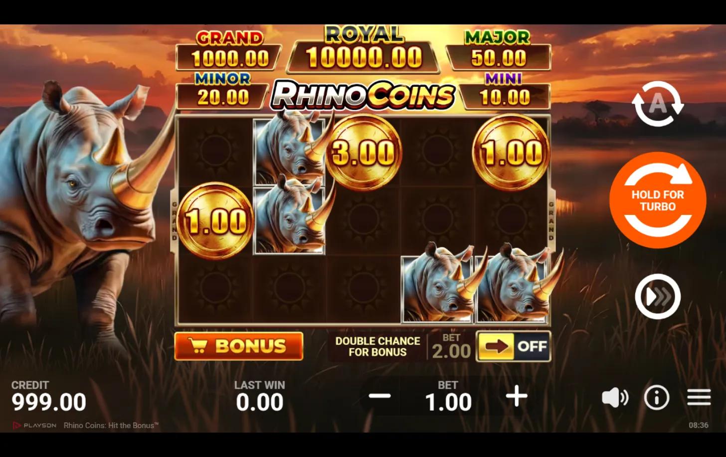 Rhino Coins: Hit the Bonus slot gameplay screenshot