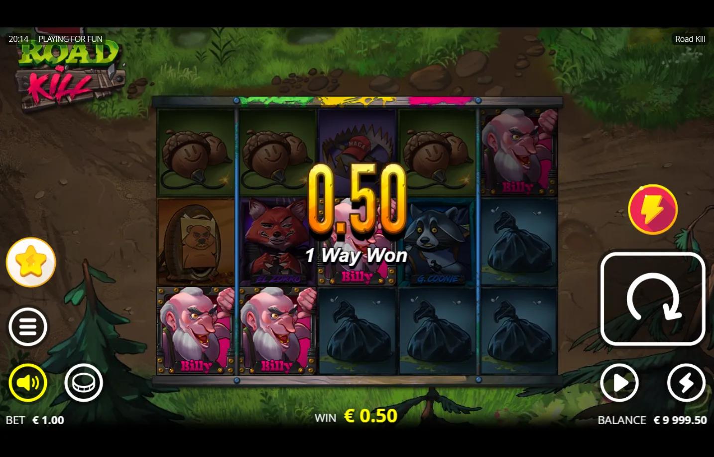 Road Kill Nolimit City slot 5x3 grid with stacked Billy hillbilly hunter symbols, MAGNUM bear traps, El Zorro fox and G. Coon