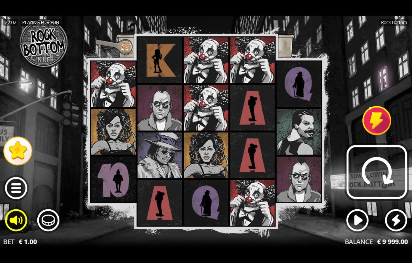 Rock Bottom Nolimit City slot gameplay with 3-4-4-4-3 grid, creepy clown, gangster and pimp character symbols and graffiti-ta