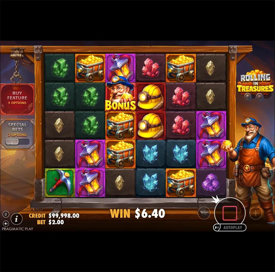 Rolling in Treasures by Pragmatic Play with Ante Bet on Gems-themed reels