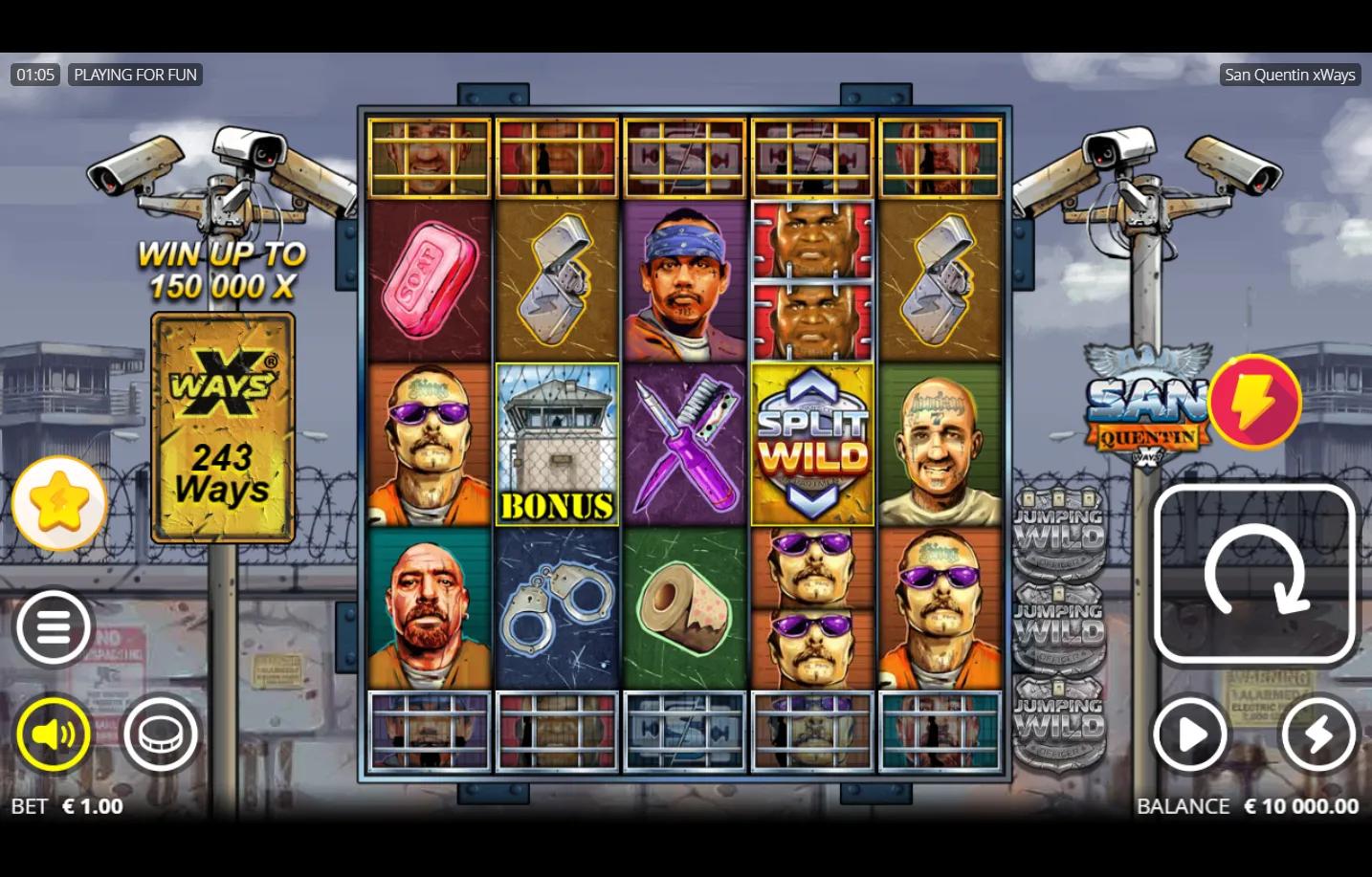 San Quentin xWays Nolimit City slot gameplay - 5-reel 243-ways prison cellblock grid with Enhancer Cells, inmate mugshot top-