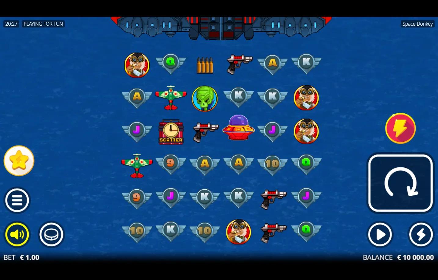Space Donkey slot gameplay showing 6x6 grid with pixel-art alien and royal symbols under retro mothership