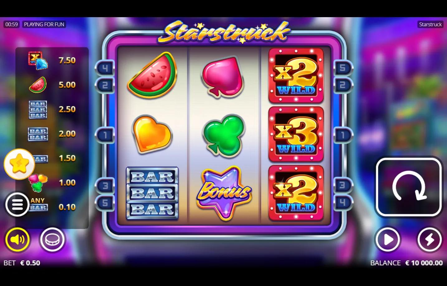 Starstruck Nolimit City slot gameplay showing 3x3 retro arcade reels with watermelon, BAR, x2 and x3 multiplying Wild symbols