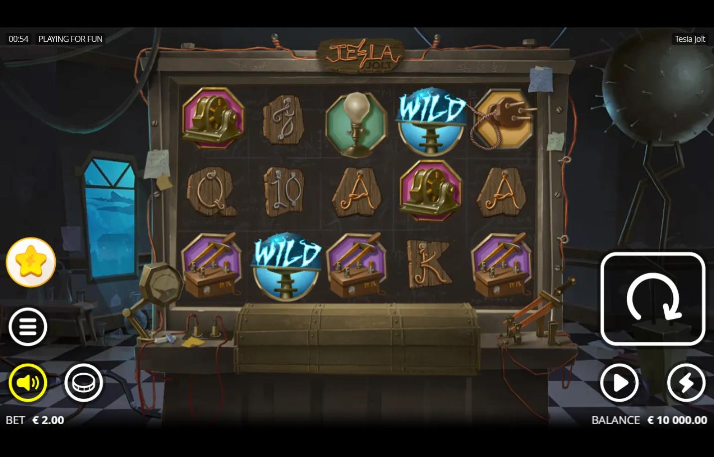 Tesla Jolt Nolimit City slot gameplay - Nikola Tesla laboratory 5x3 grid with blue electric Wild, light bulb, brass coil and 