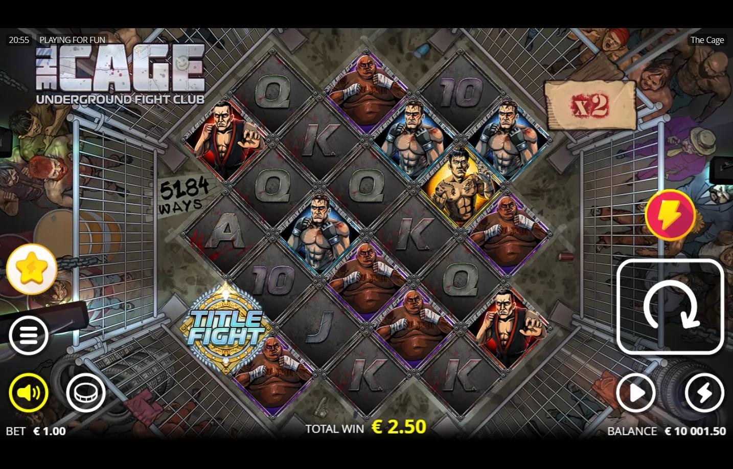 The Cage slot gameplay showing 7-reel diamond grid in MMA octagon with fighter portrait symbols and x2 multiplier