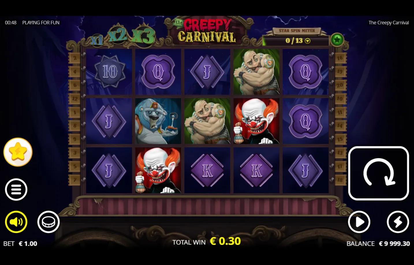 The Creepy Carnival Nolimit City slot gameplay with creepy clown, Tiger Wild, vampire ringmaster, hunchback and Star Spin Met