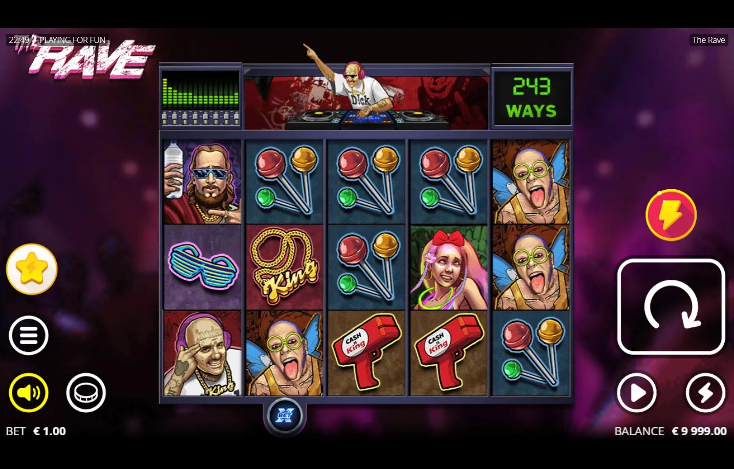 The Rave Nolimit City slot gameplay showing 5x3 chainlink-fence reel frame with acid-house character symbols, lollipop, Cash 