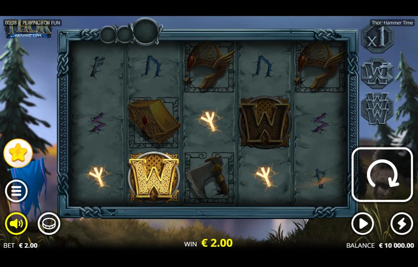 Thor: Hammer Time slot gameplay showing 5x3 Norse mythology reel grid with carved stone border, Wild and Helmet symbols on a