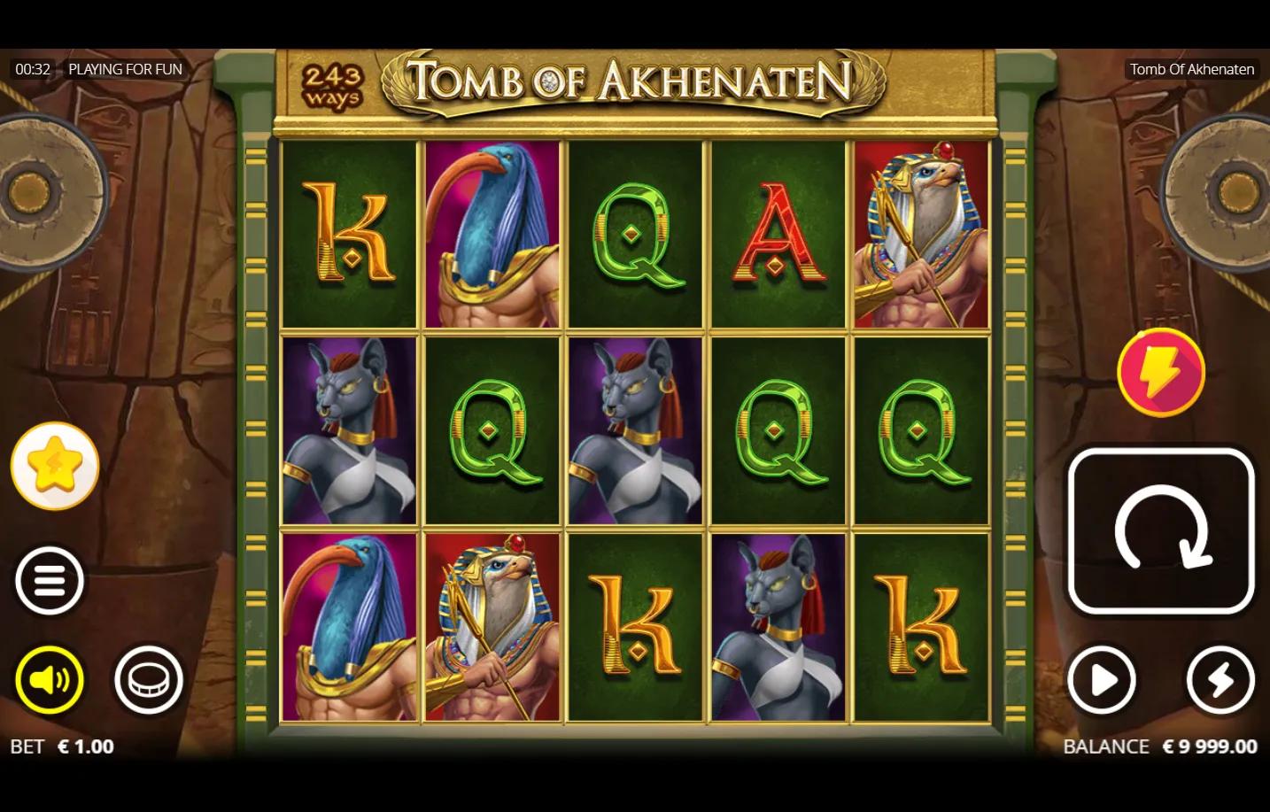 Tomb of Akhenaten Nolimit City slot gameplay with Egyptian pharaoh symbols, ibis-headed Thoth, cat-headed Bastet and 243 ways