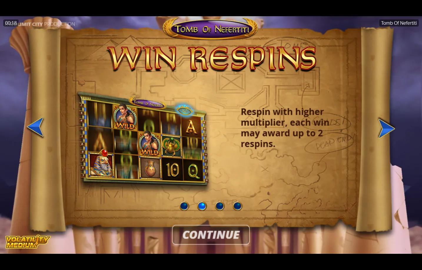 Tomb of Nefertiti Nolimit City slot gameplay showing 5x3 Egyptian tomb reels on parchment scroll with Nefertiti Wild, pharaoh
