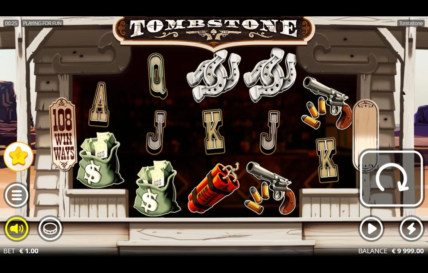 Tombstone slot gameplay showing 5x3 grid with Wild West saloon porch frame, 108 win ways badge, and dynamite, revolver and mo