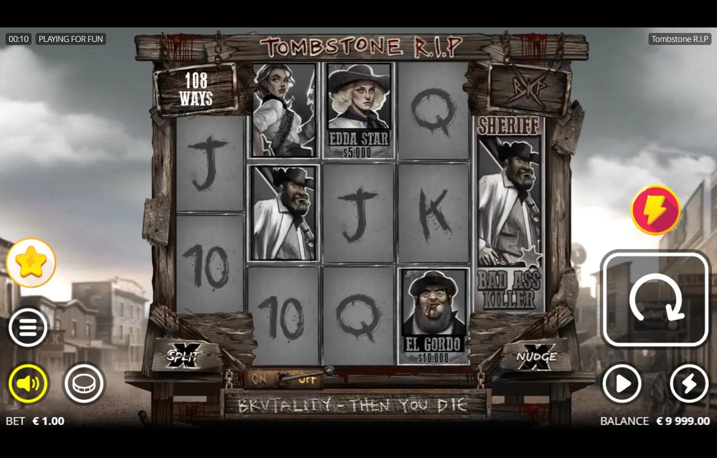 Tombstone R.I.P Nolimit City slot gameplay with asymmetric 2-3-3-3-1 grid, monochrome cowboy portrait symbols, and blood-spat