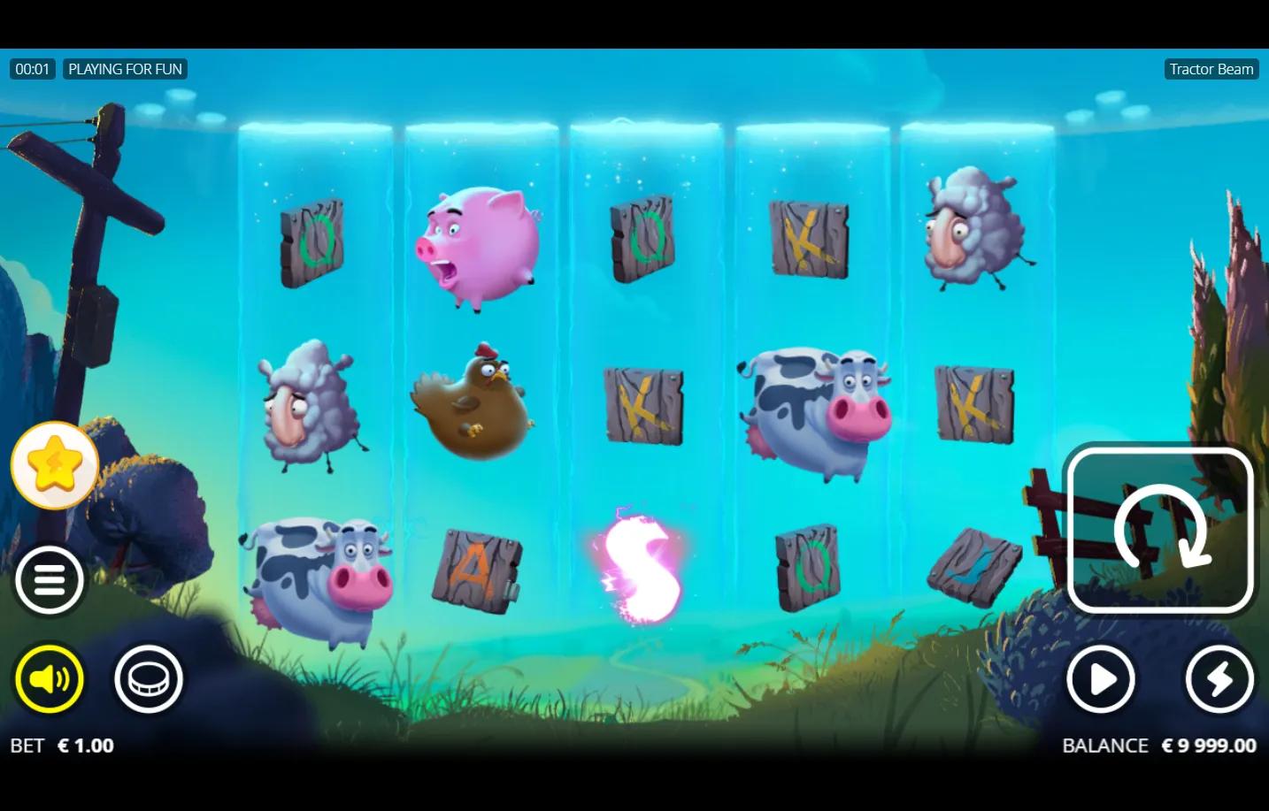 Tractor Beam Nolimit City slot 5x3 grid with cartoon farm animals (chicken, pig, sheep, cow), wooden plank A K Q J low symbol