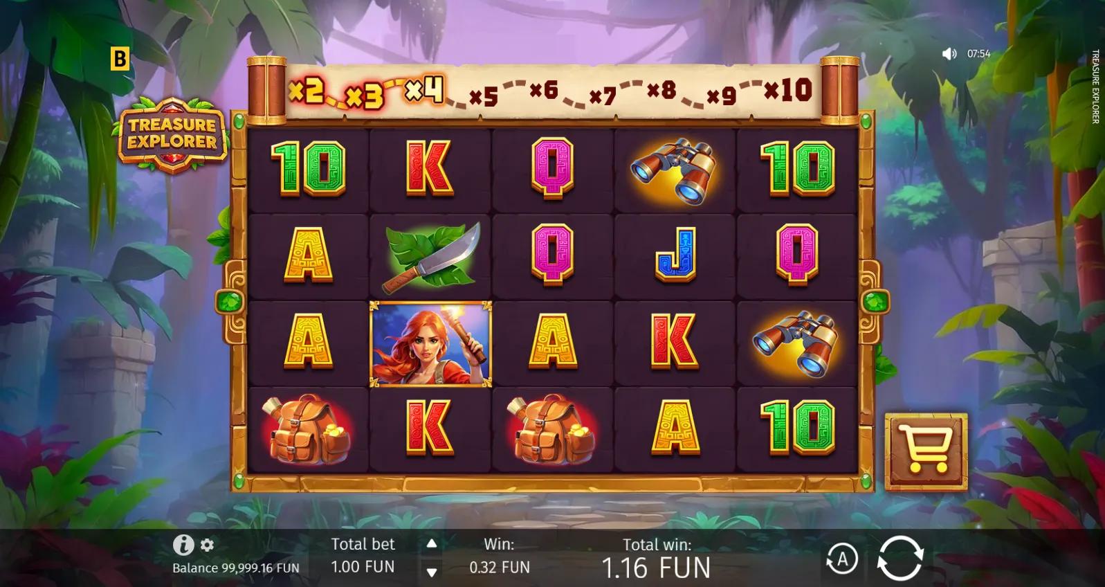Treasure Explorer reels showing Adventure symbols and Buy Bonus