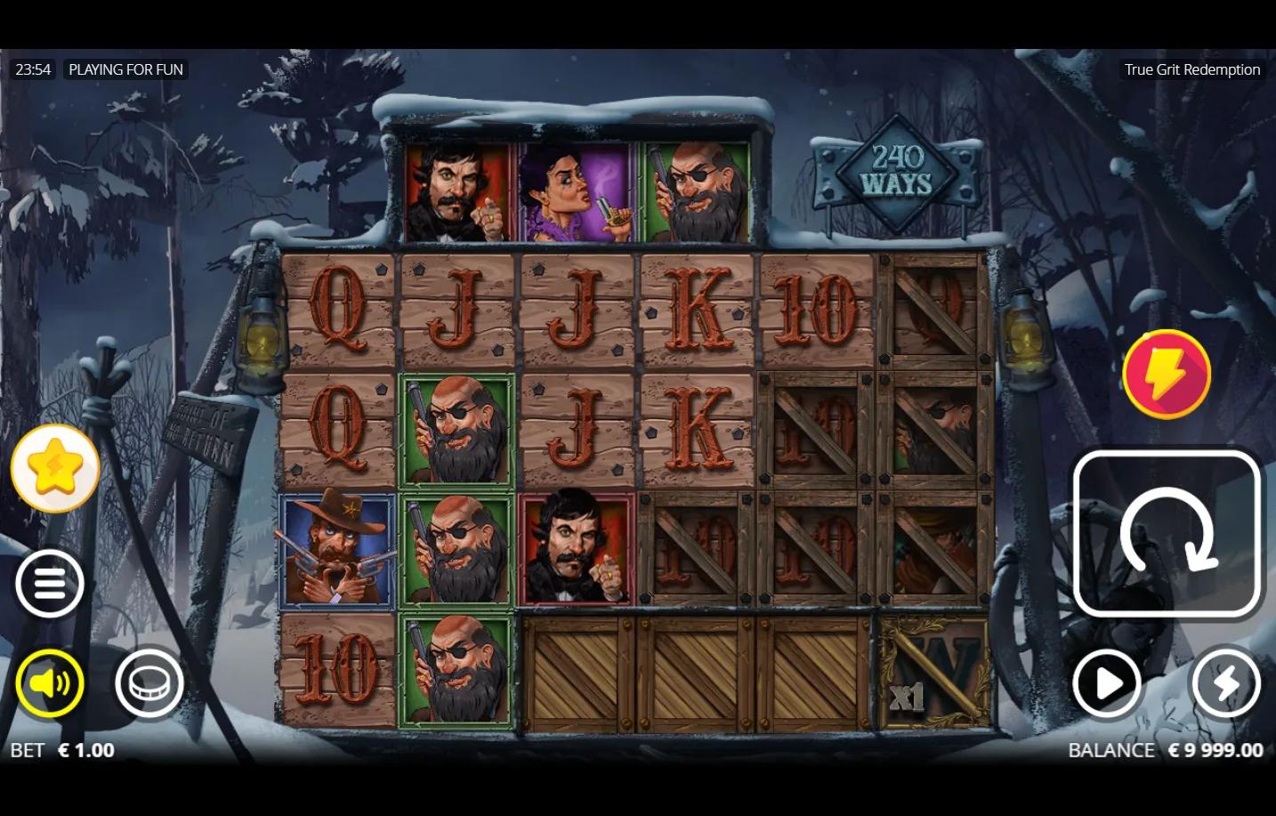 True Grit Redemption Nolimit City slot gameplay - 6-reel three-tier structure with top, main and bottom reels, snowy frontier
