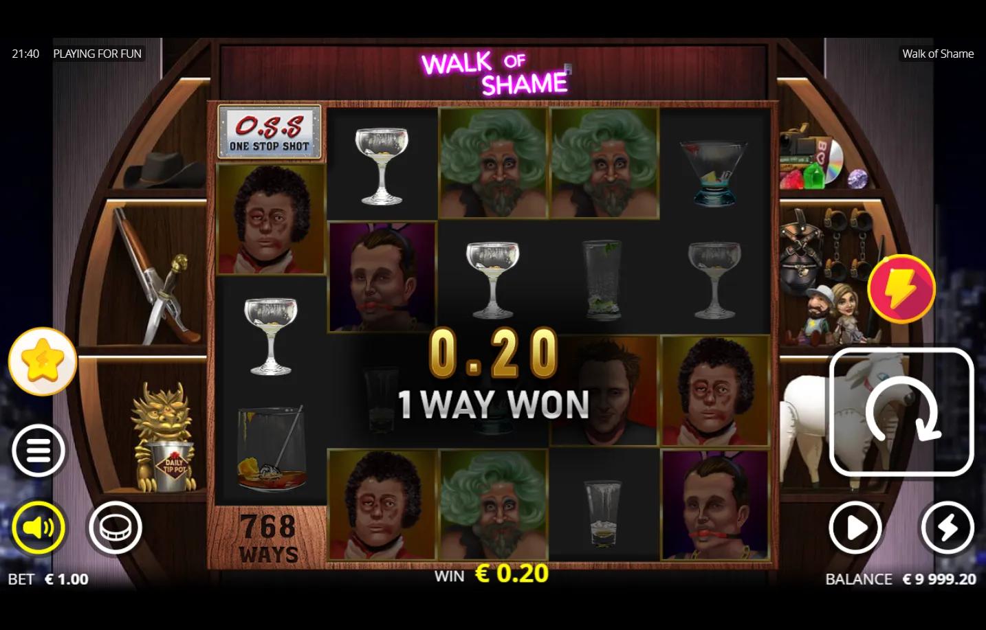 Walk of Shame Nolimit City slot gameplay with 768 ways layout, frat-house frame and O.S.S. side panel visible during a base g