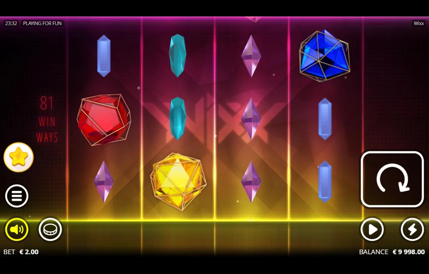 Wixx slot gameplay showing 4x3 reel grid with red ruby, blue sapphire and yellow topaz crystal gem symbols on synthwave pink-