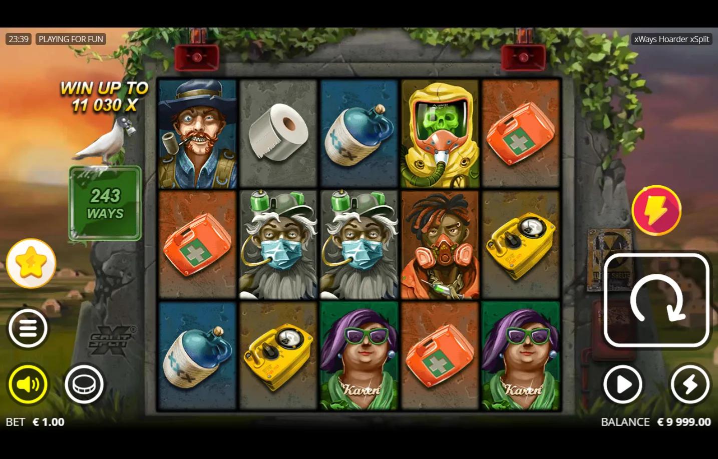 xWays Hoarder xSplit slot gameplay showing 5x3 reel grid with post-apocalyptic hoarder characters, toilet paper, gas mask fig