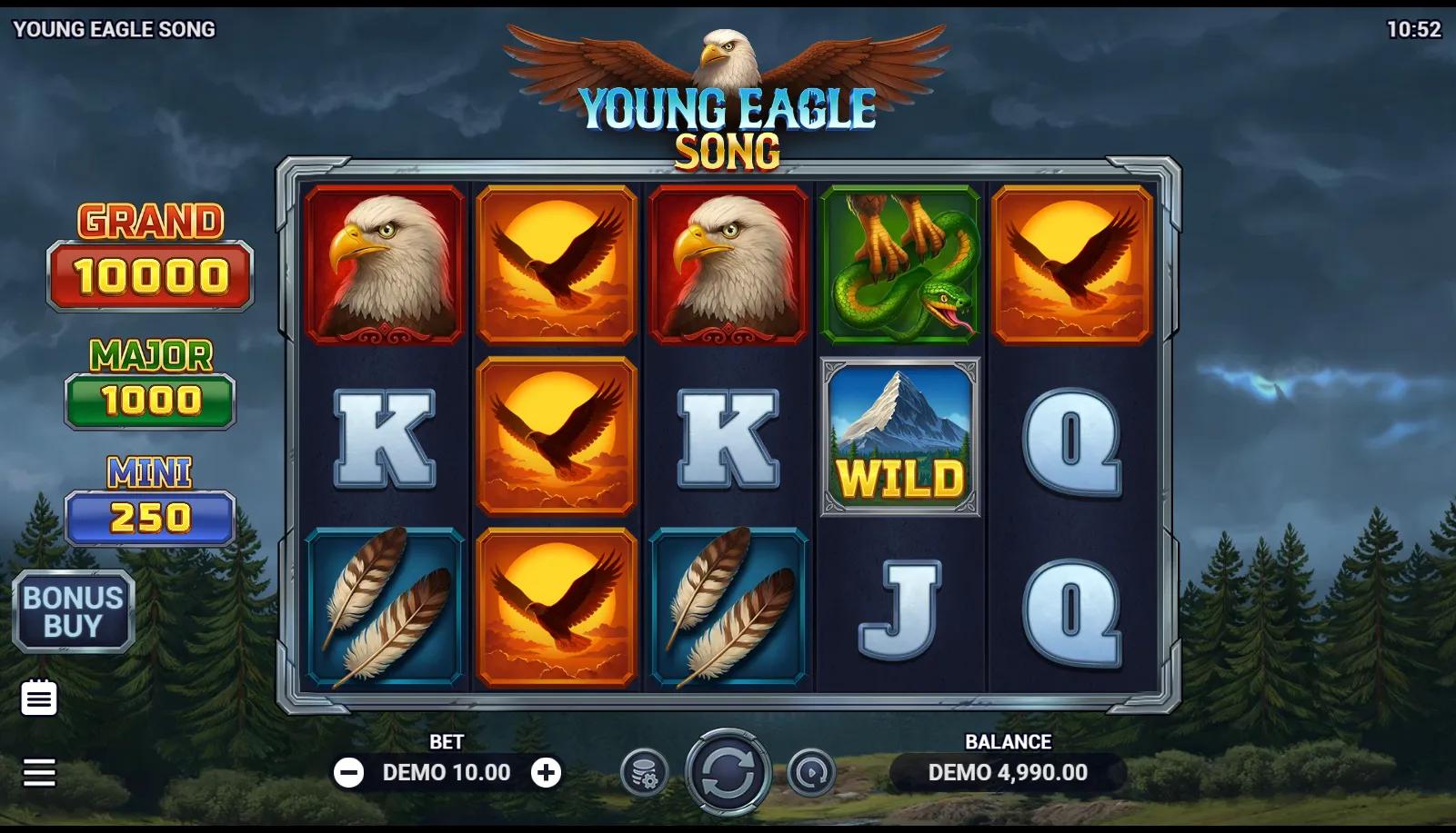Young Eagle Song gameplay screenshot showing wilds and jackpots