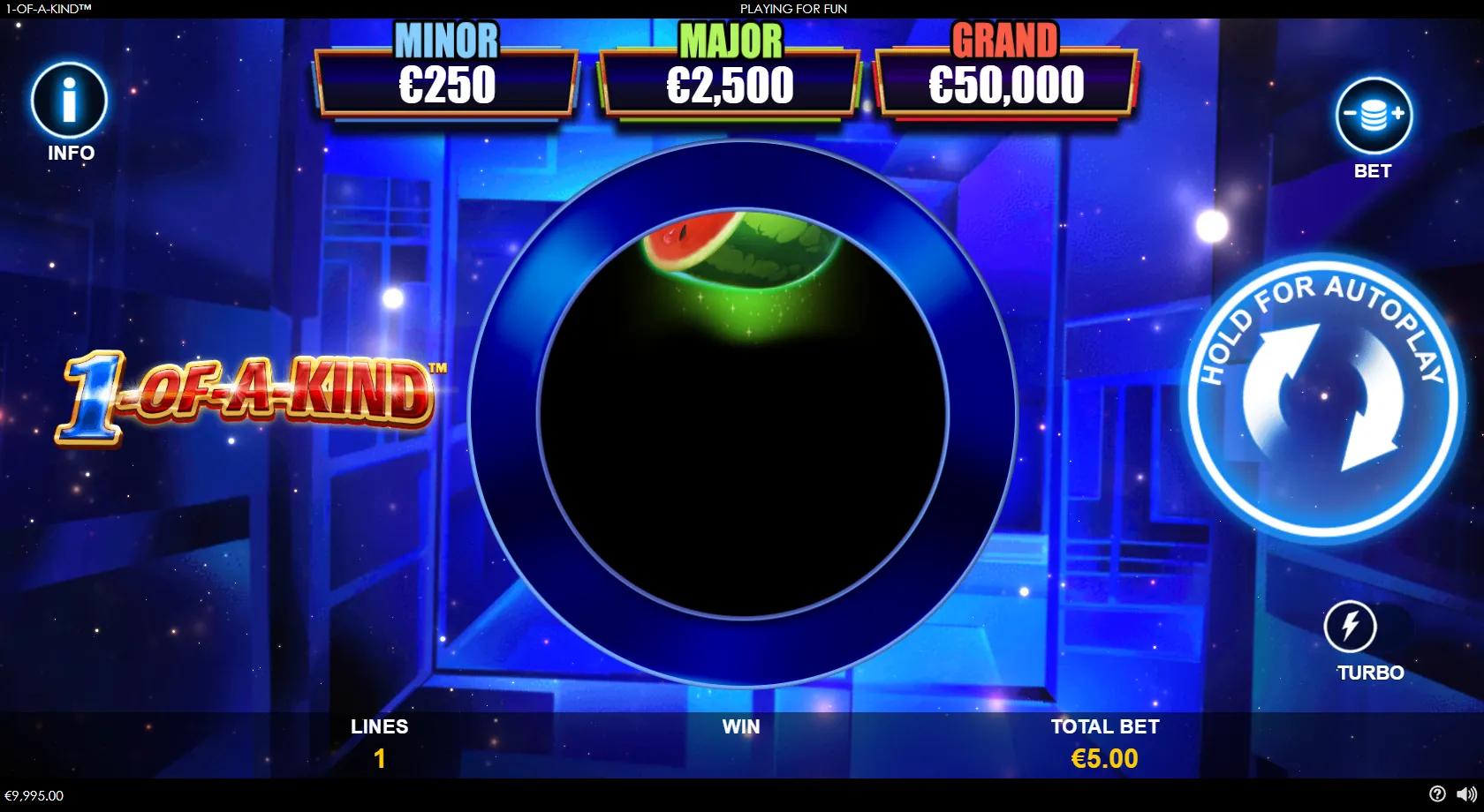 1 of a Kind gameplay showing the single circular reel ringed by the Fortune Wheel multiplier and three jackpots