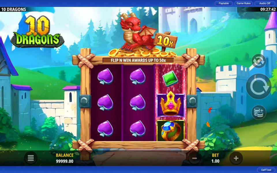 10 Dragons Flip N Win base game: a 3x3 grid of spades, a gem, a crown and a ring in a rope-bound wooden frame, with a red dragon on gold coins and a 10x sign above the reels