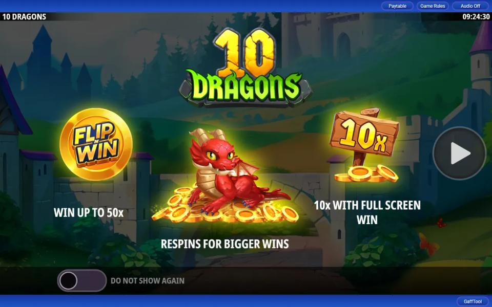 10 Dragons Flip N Win intro screen showing the Flip N Win coin, the dragon on its coin pile for the respins and the 10x full screen sign