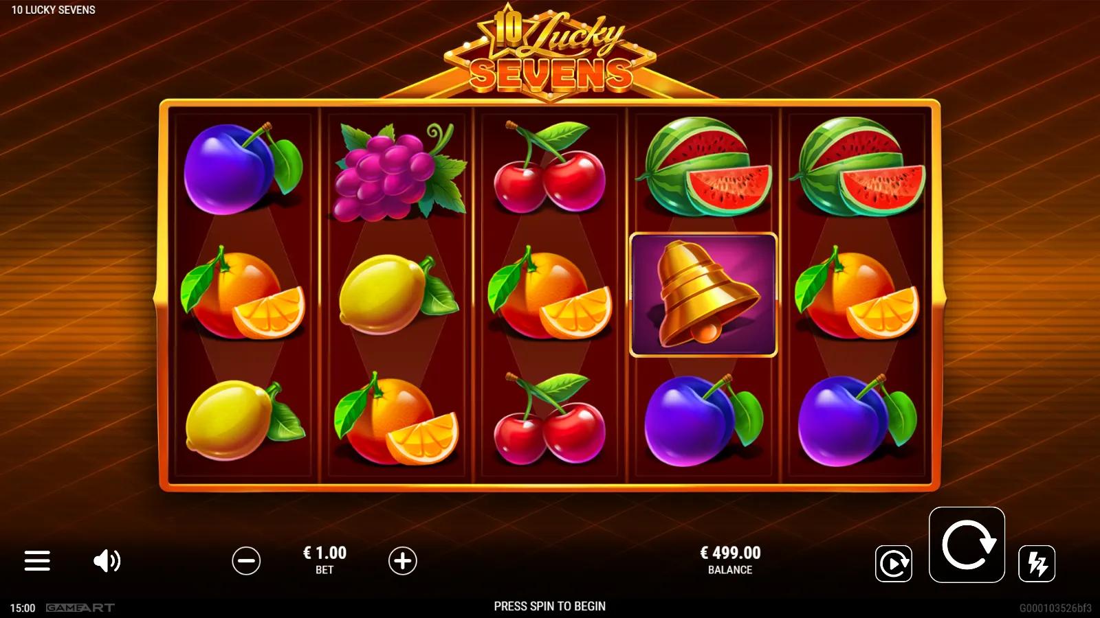 10 Lucky Sevens slot gameplay showing 5x3 grid with gold bell, BAR stacks, watermelon and fruit symbols