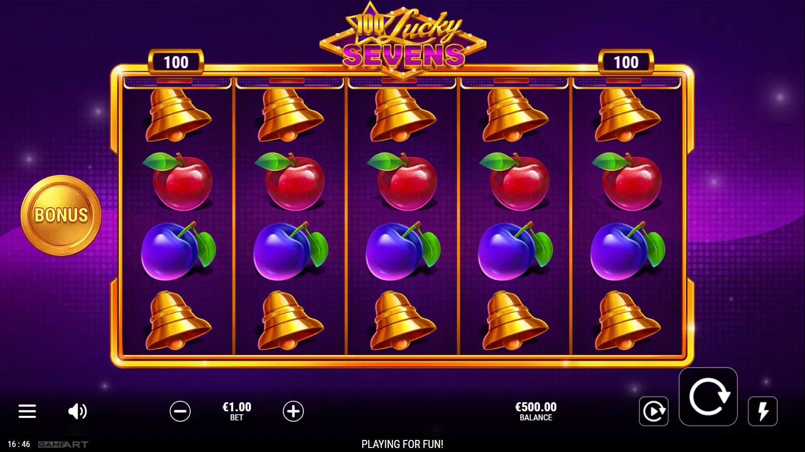 100 Lucky Sevens slot gameplay showing the 5x4 fruit grid with cherries, grapes, watermelon and bell symbols