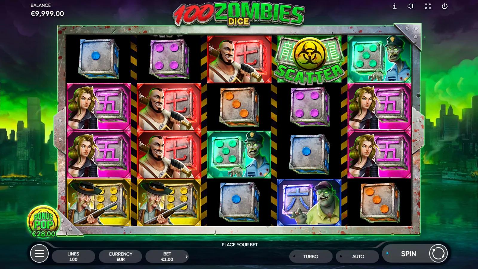 100 Zombies Dice gameplay showing 5x4 dice reels with survivors, zombies and a biohazard Scatter over a ruined green city