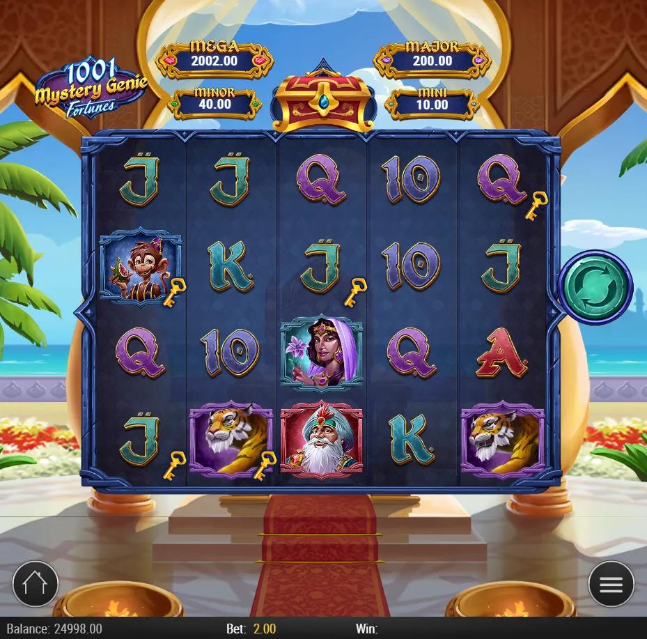 A base spin with five key charms hanging off symbols across the grid and the chest above the reels showing its Mega tier