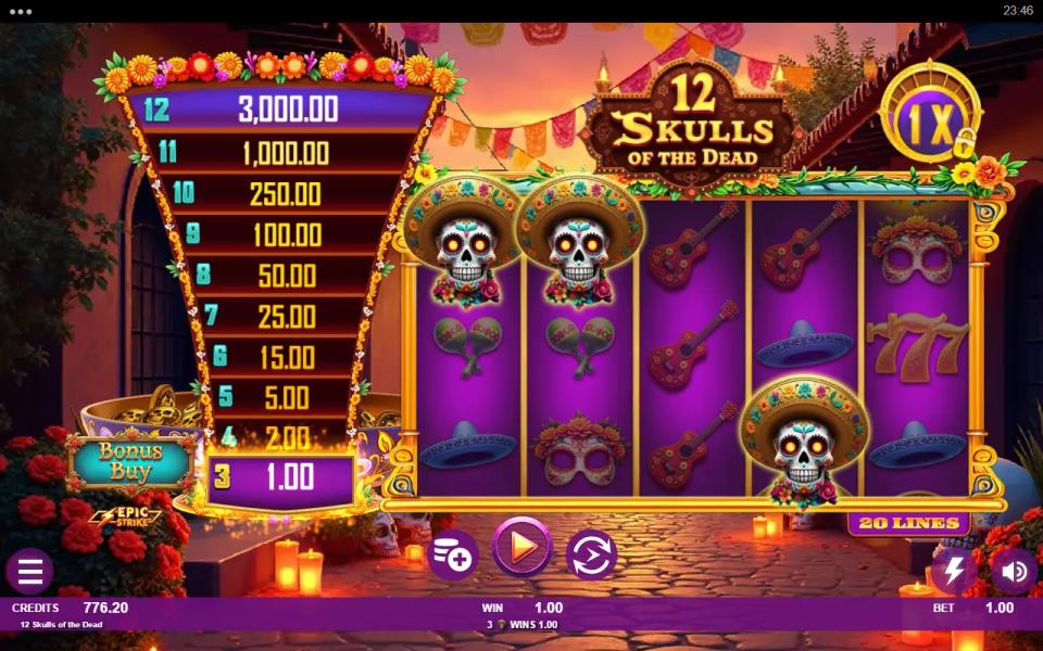 12 Skulls of the Dead base game on a 5x3 grid, three sugar skull scatters paying the lowest rung of the 12-rung skull ladder beside the reels