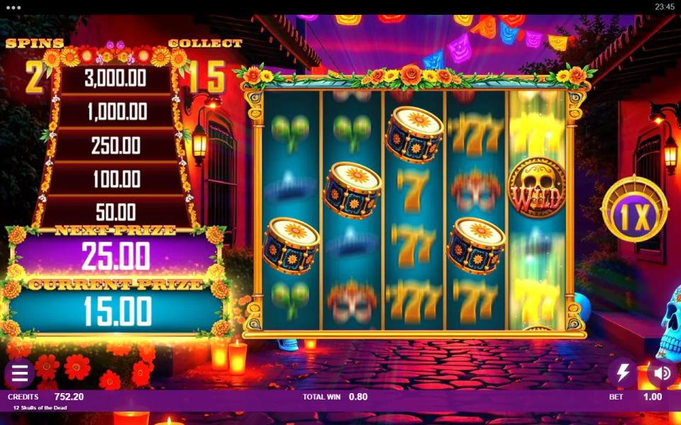 12 Skulls of the Dead free spins with the reels grown to five rows, the collect count at 15 and the level prize at 15x