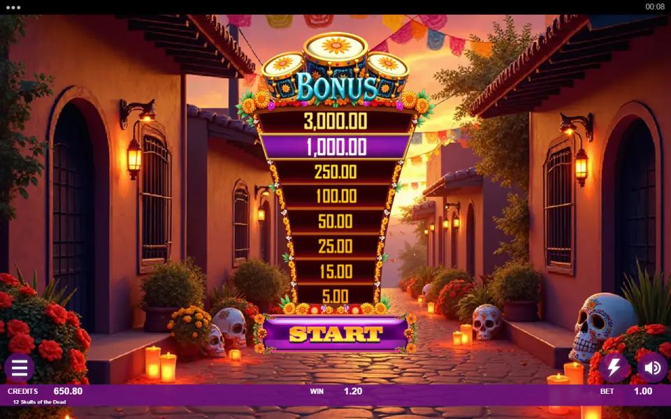 12 Skulls of the Dead Epic Strike Bonus tower of prizes from 5x to 3,000x with a start button