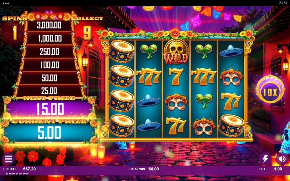 12 Skulls of the Dead bought free spins with the 10x multiplier on a four-row board and a 66x win