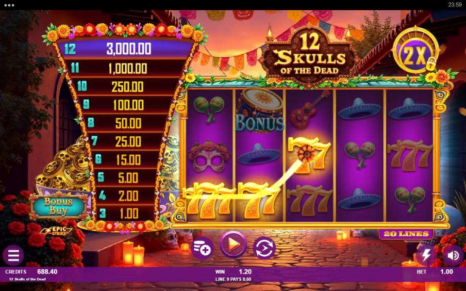 12 Skulls of the Dead base game with the Rising Rewards free spins multiplier at 2x in the top right corner