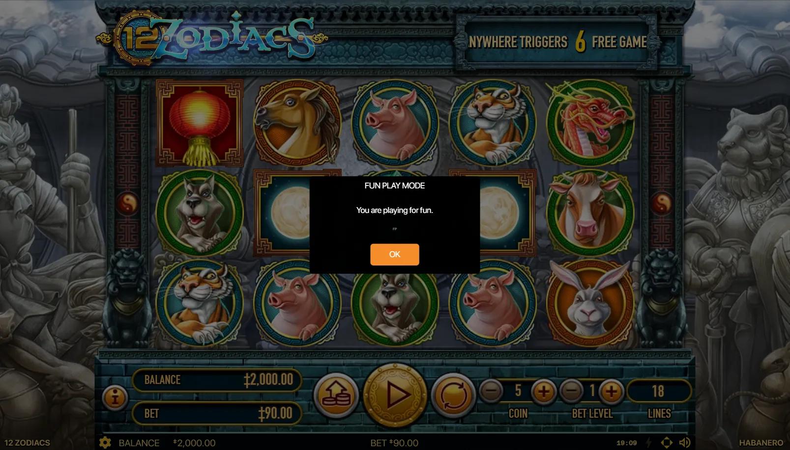 12 Zodiacs slot gameplay showing 5x3 grid with Chinese zodiac animals - dragon, horse, pig, ox, sheep, rooster - flanked by stone temple guardian statues