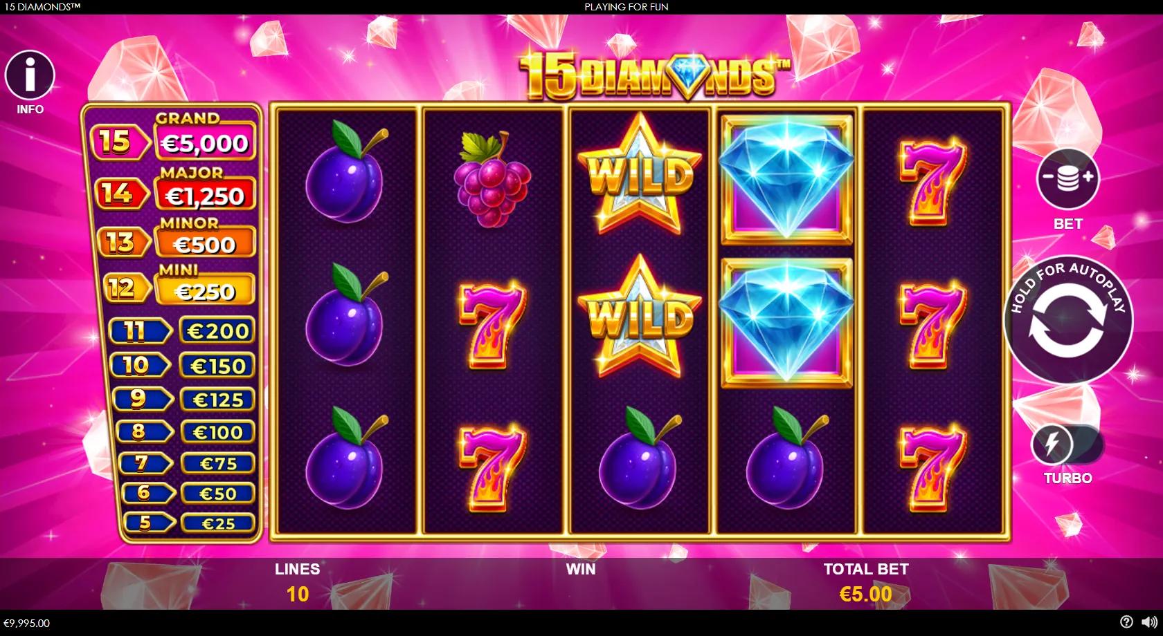 15 Diamonds slot gameplay showing 5x3 grid with flaming 7s, WILD star and blue diamond collect symbols