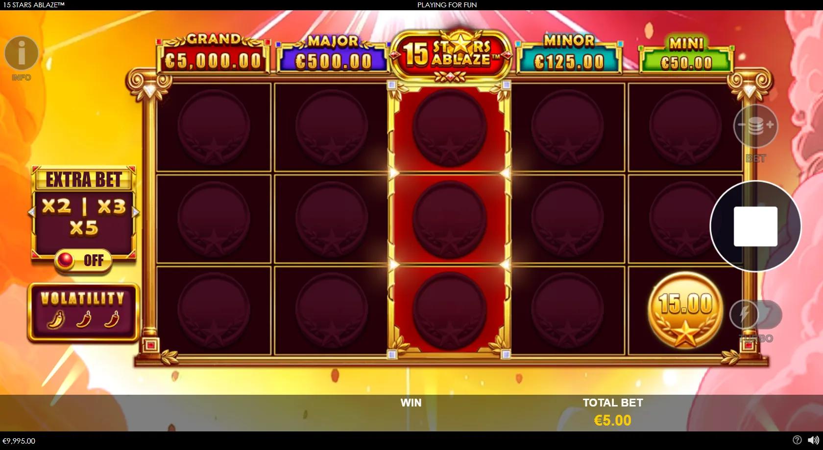15 Stars Ablaze slot gameplay showing 5x3 fiery grid with gold star-coins, mystery symbols and four jackpot tiers