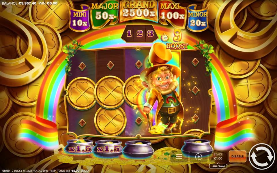 Hold and Win board with a leprechaun Collector symbol covering the fourth reel above an activated pot