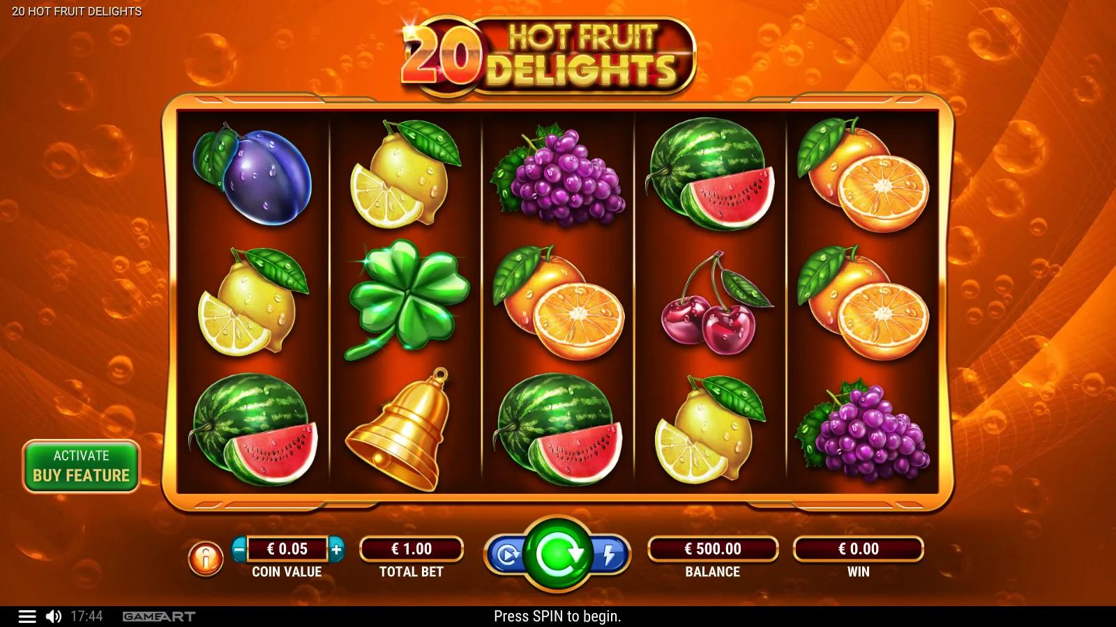 20 Hot Fruit Delights slot gameplay showing the 5x3 fruit grid with watermelon, grapes, lemon, clover and star Scatter symbols